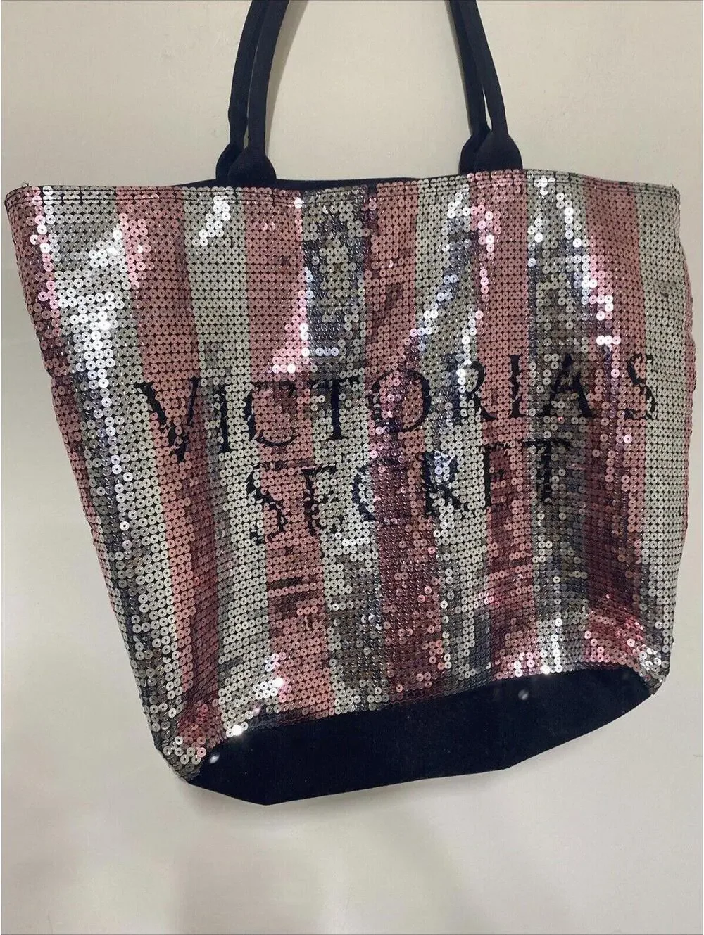 Victoria’s Secret Pink & Silver Sequin Stripe Weekender Tote Bag Limited Edition